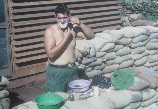 Even though the showers were close by it was a simple chore to shave from a basin..